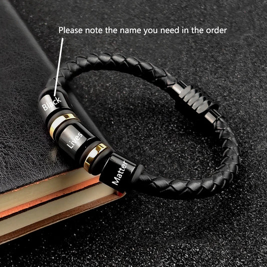 Engraved Names Leather Beads Bracelet For Men Women Punk Black Stainless Steel Beaded Bracelets