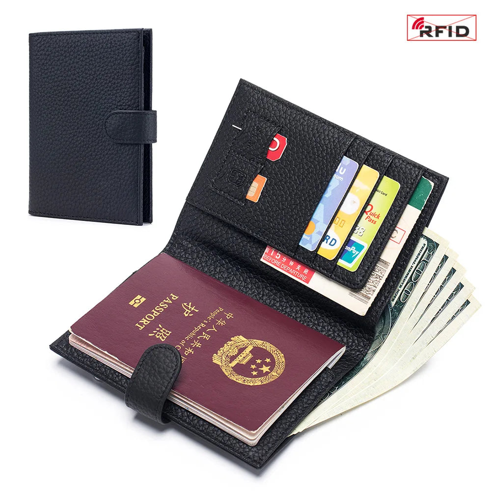 Genuine Cow Leather Passport Holder Travel Wallet with Zipper Pocket Card Holder