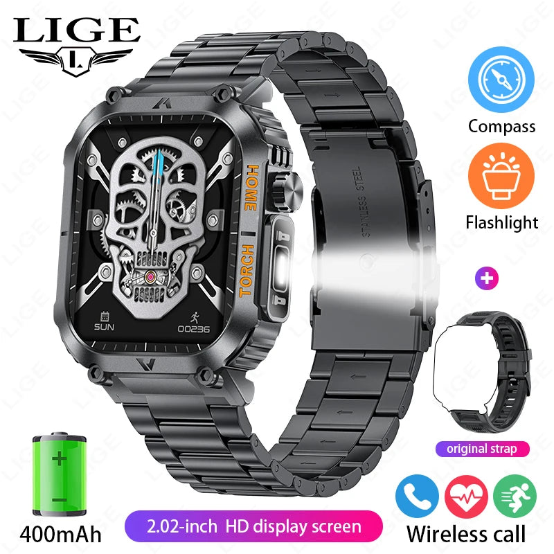 Men Smart Watch LED Flashlight Compass Watches 3ATM Waterproof 2.02'' HD Screen Military Sport Smartwatch