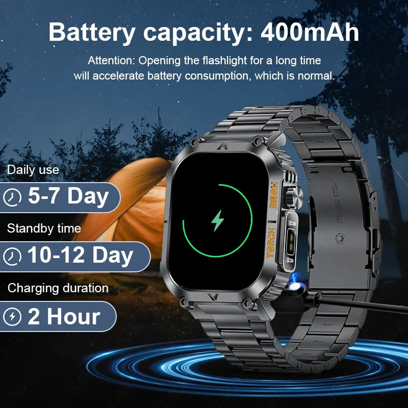 Men Smart Watch LED Flashlight Compass Watches 3ATM Waterproof 2.02'' HD Screen Military Sport Smartwatch