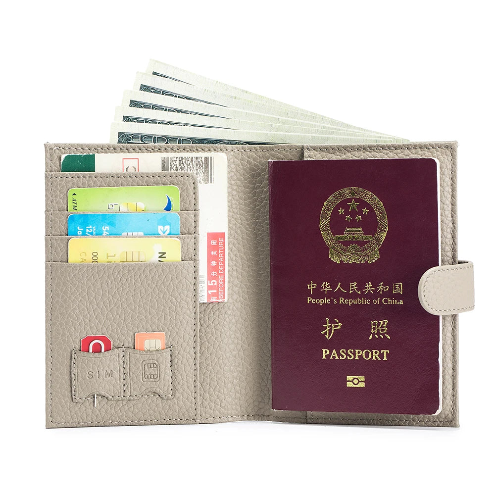 Genuine Cow Leather Passport Holder Travel Wallet with Zipper Pocket Card Holder