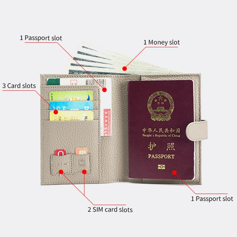 Genuine Cow Leather Passport Holder Travel Wallet with Zipper Pocket Card Holder