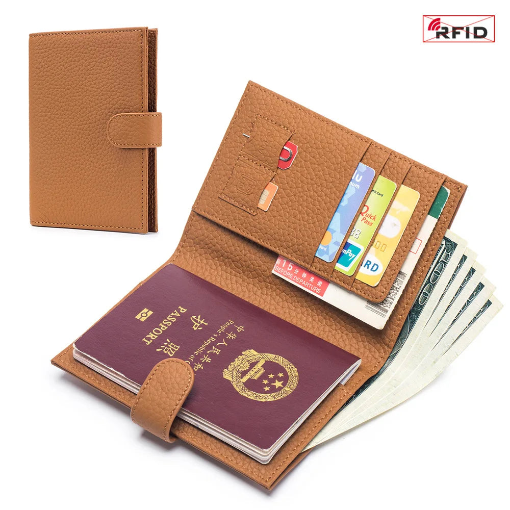 Genuine Cow Leather Passport Holder Travel Wallet with Zipper Pocket Card Holder