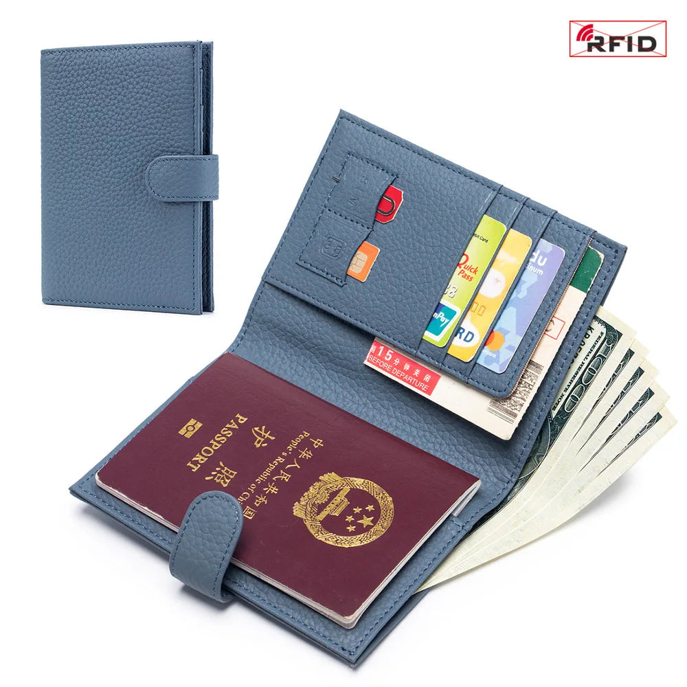 Genuine Cow Leather Passport Holder Travel Wallet with Zipper Pocket Card Holder