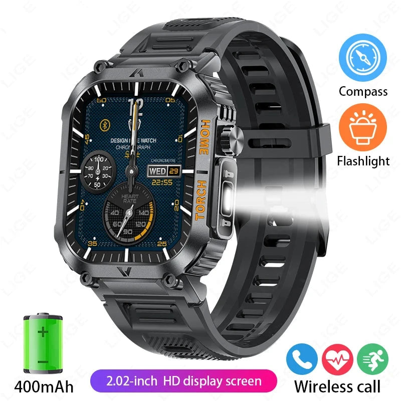 Men Smart Watch LED Flashlight Compass Watches 3ATM Waterproof 2.02'' HD Screen Military Sport Smartwatch