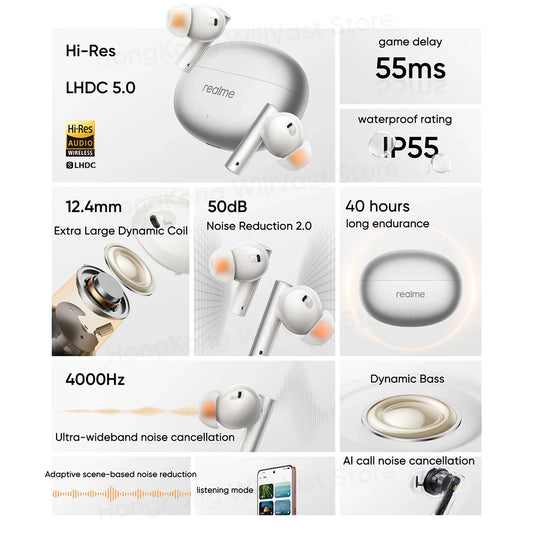 Global Version realme Buds AIR 6 True Wireless Earphone 50dB Active Noise Cancelling Bluetooth5.3 Earphone 40 Hours Battery Life