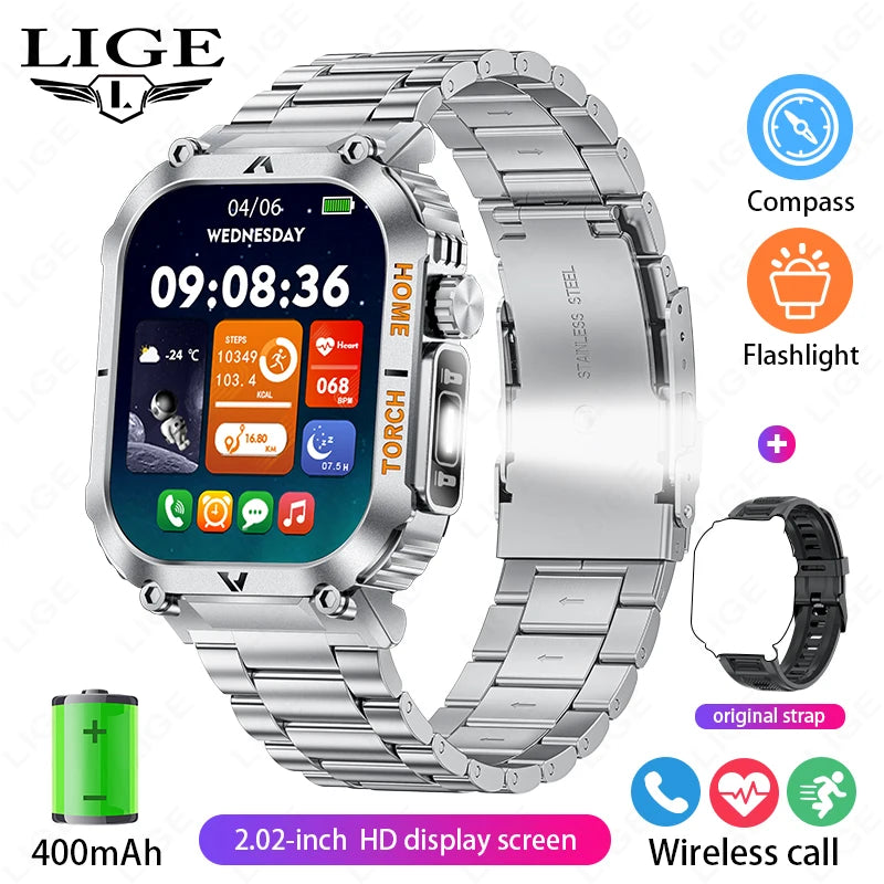 Men Smart Watch LED Flashlight Compass Watches 3ATM Waterproof 2.02'' HD Screen Military Sport Smartwatch