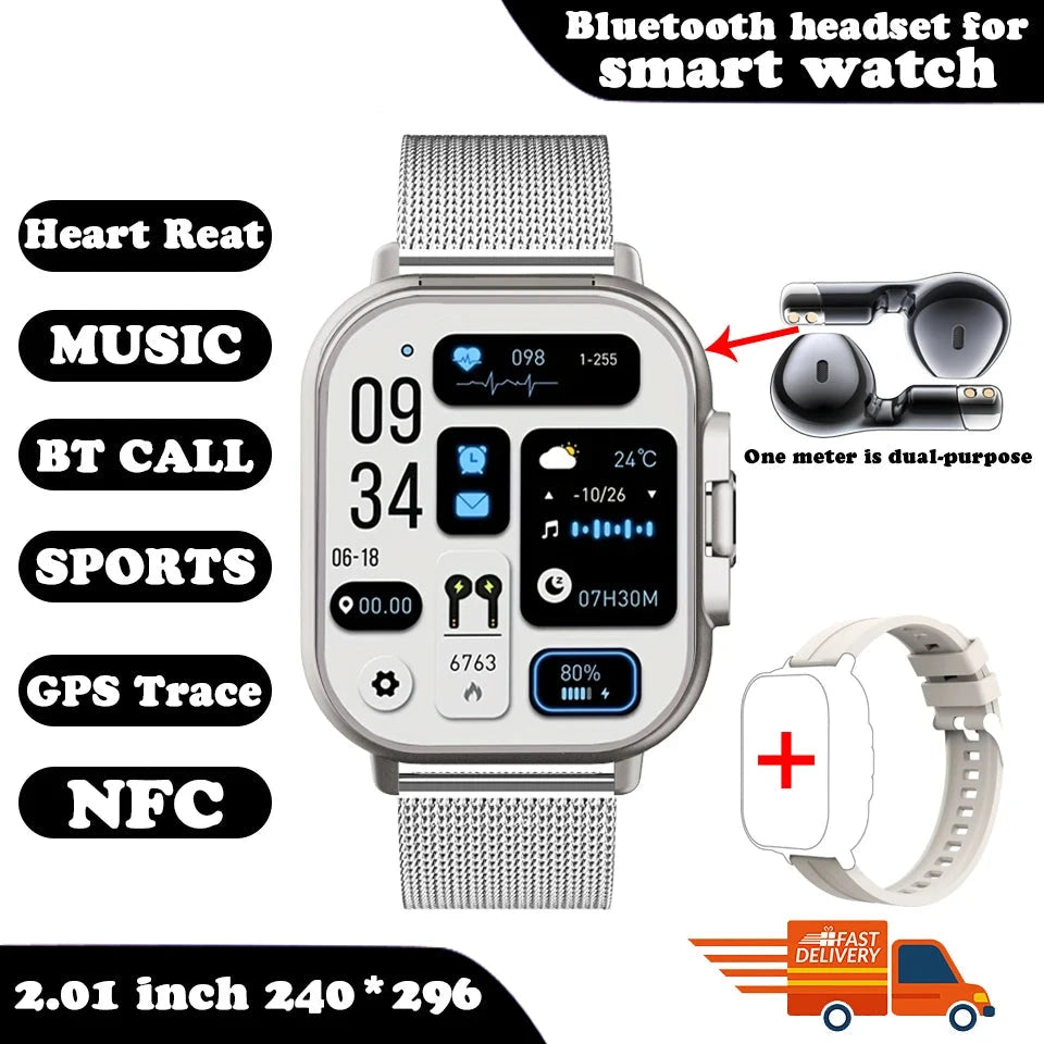 2024 Smart Watch 2 in 1 With Earphone Smartwatch Bluetooth Call Men Watch GPS Track Heart Rate Monitor Play Music SmartWatch