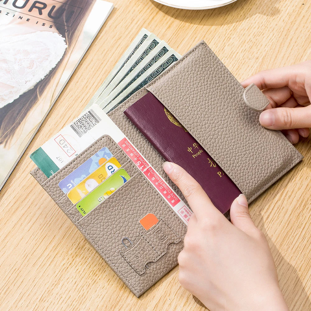 Genuine Cow Leather Passport Holder Travel Wallet with Zipper Pocket Card Holder