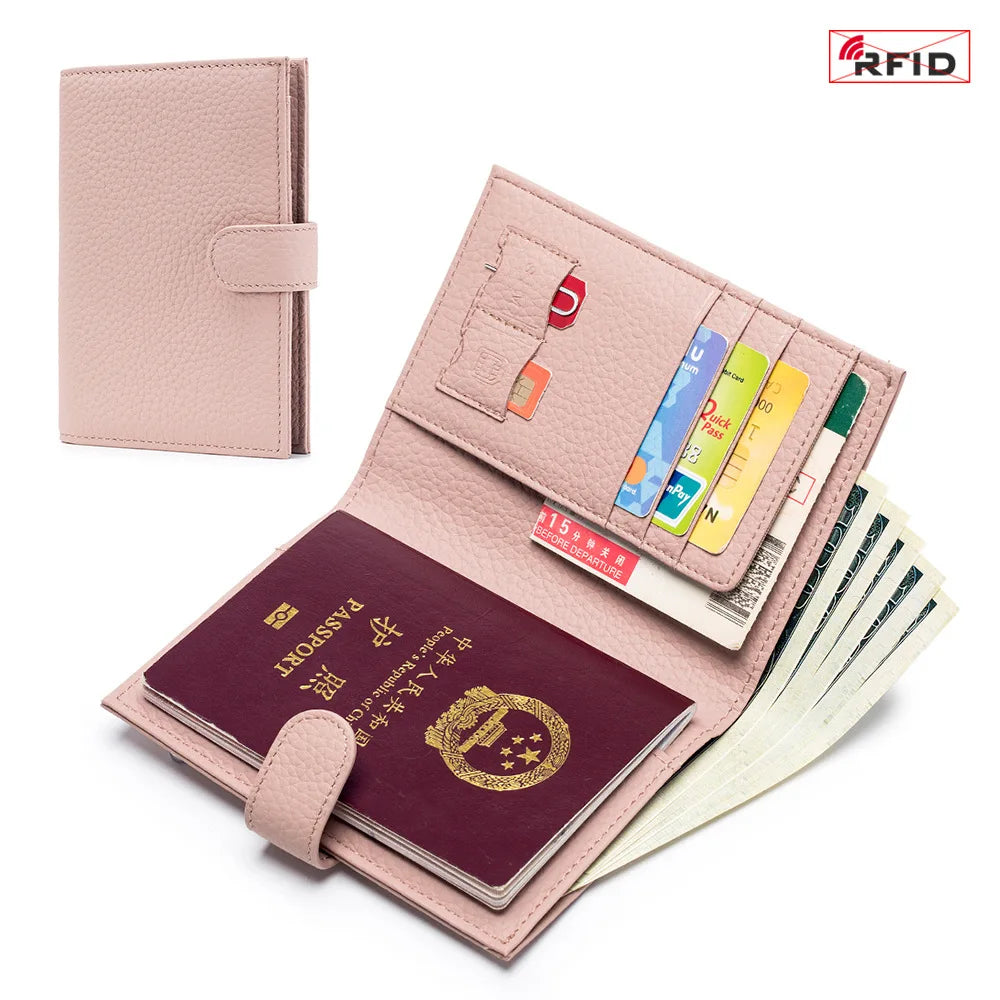 Genuine Cow Leather Passport Holder Travel Wallet with Zipper Pocket Card Holder