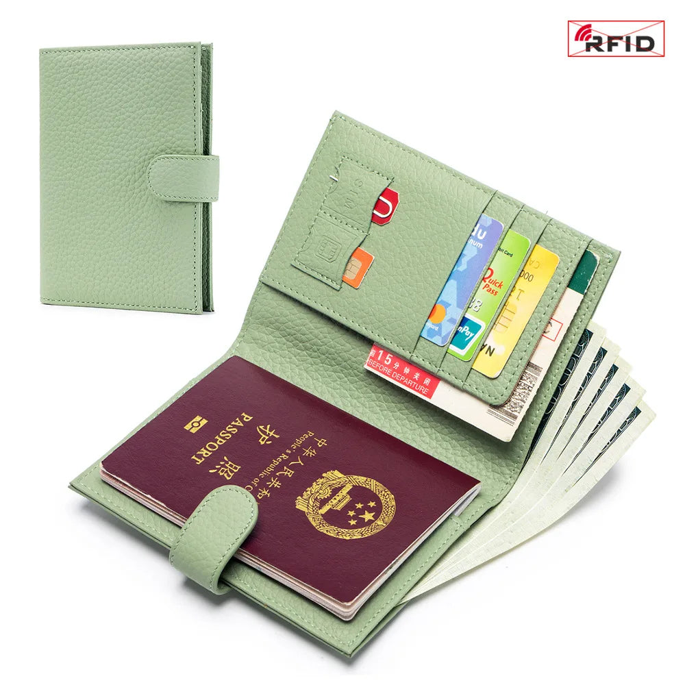 Genuine Cow Leather Passport Holder Travel Wallet with Zipper Pocket Card Holder