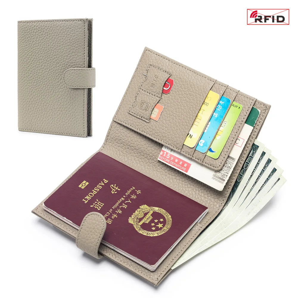 Genuine Cow Leather Passport Holder Travel Wallet with Zipper Pocket Card Holder