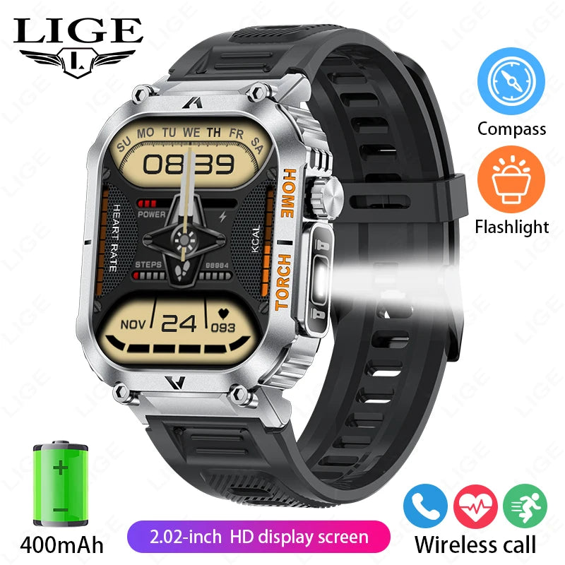 Men Smart Watch LED Flashlight Compass Watches 3ATM Waterproof 2.02'' HD Screen Military Sport Smartwatch